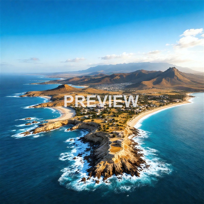 An aerial view of a coastal landscape featuring a peninsula with sandy beaches, rocky cliffs, and a small settlement, surrounded by the ocean with mountains in the background.
